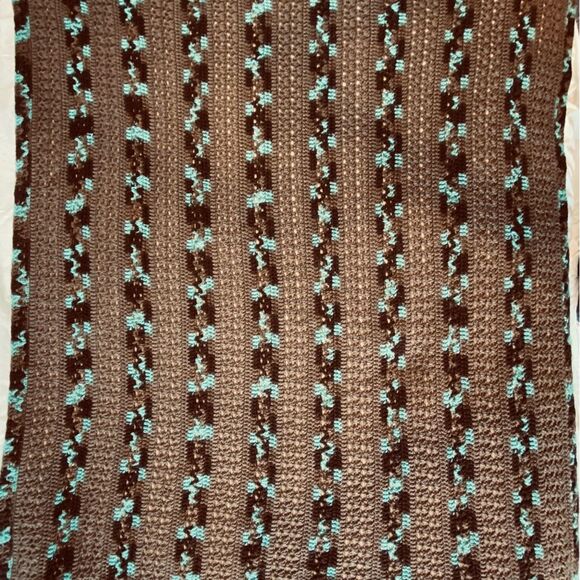 Handmade Afghan Throw Blanket Hand Crocheted Brown Turquoise NEW - Picture 2 of 5